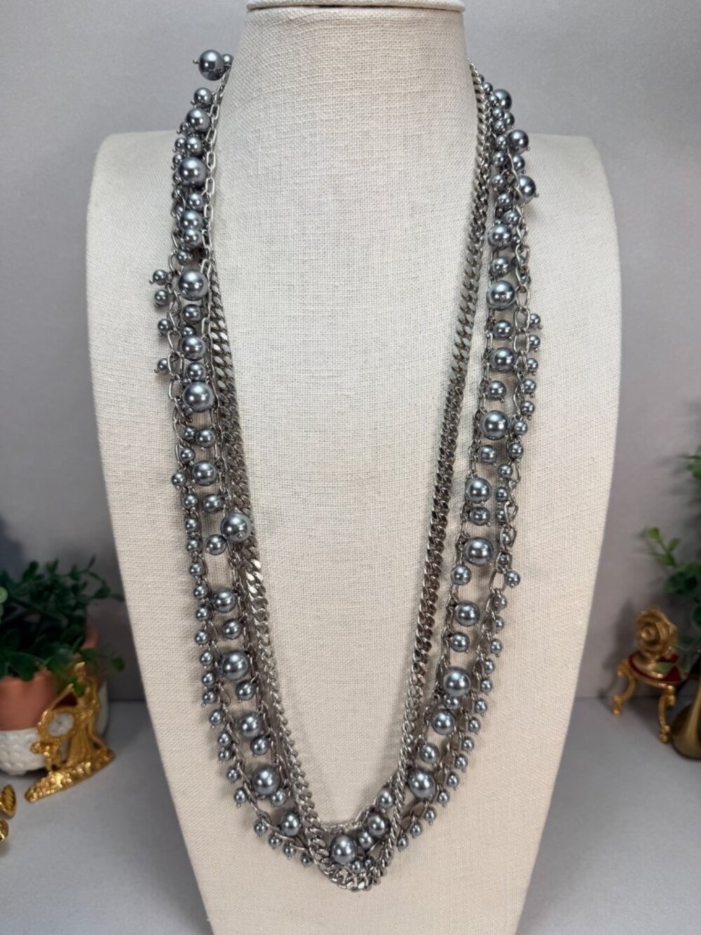 Talbots 3 Strand Gray Faux Pearl Silver Chain Statement Necklace Elegant Chic